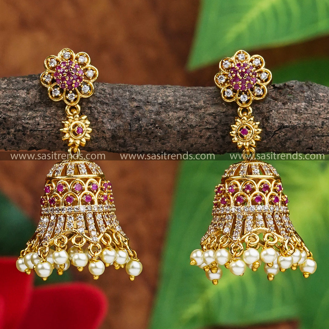 Brass Jhumka Earrings | Matte Gold Plated | American Diamond Stones | Pearl Drops | Bridal Earrings