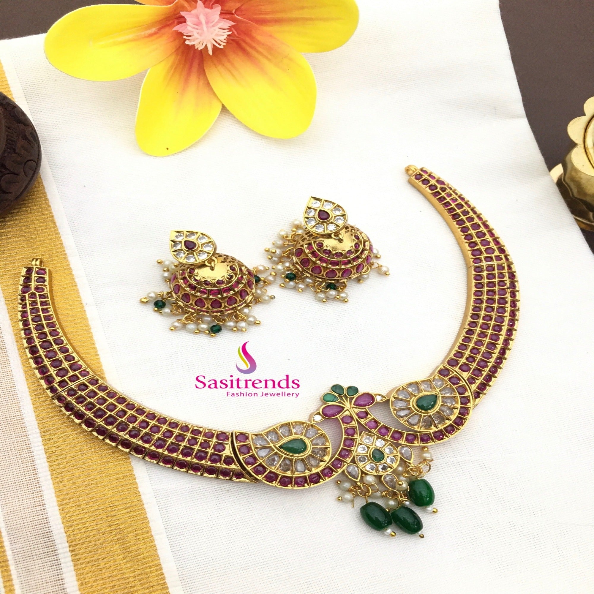 Traditional Matte Gold Plated Floral American Diamond Necklace Set with Ruby Stones