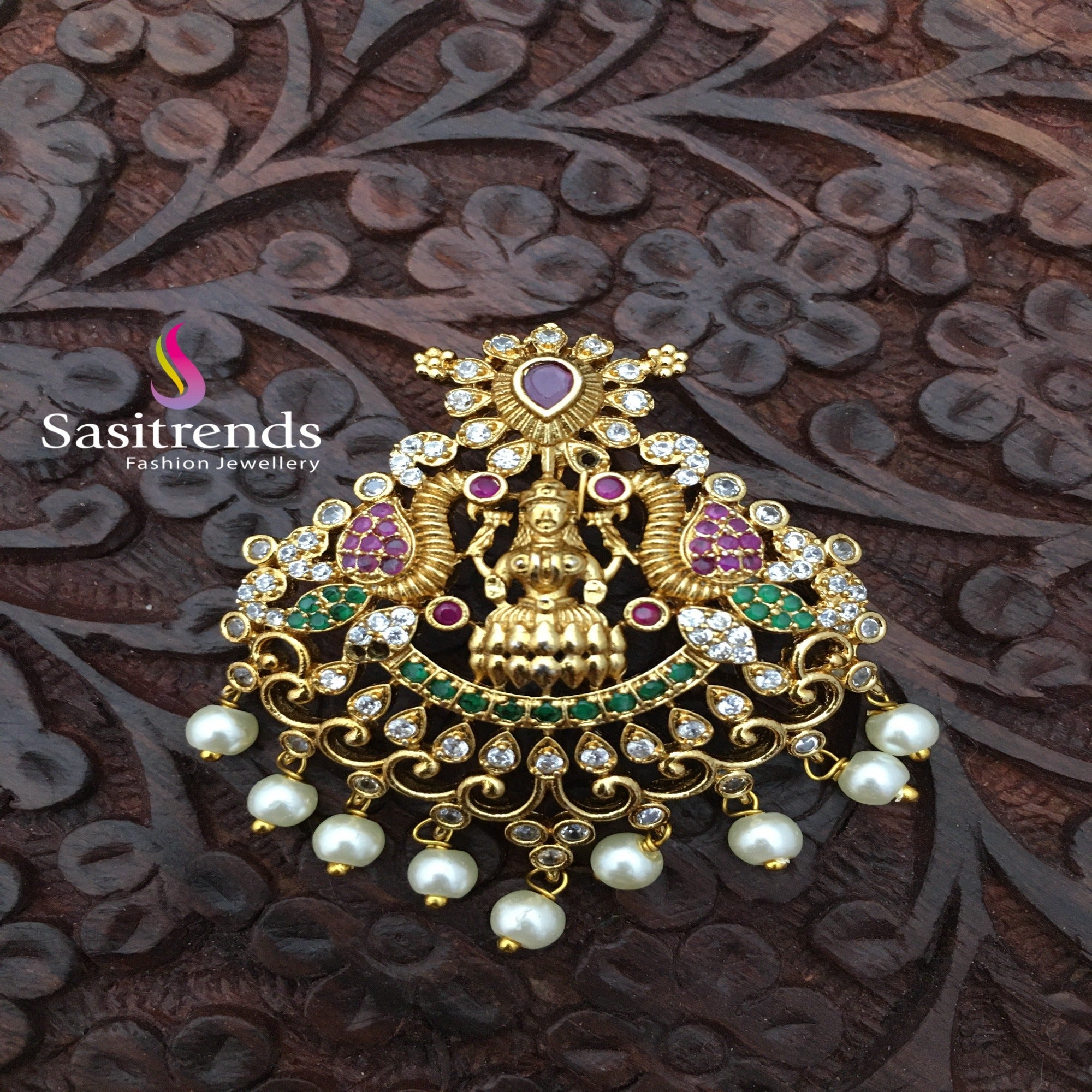 Goddess Peacock Lakshmi Matt Gold Plated Pearl Pendant - Sasitrends