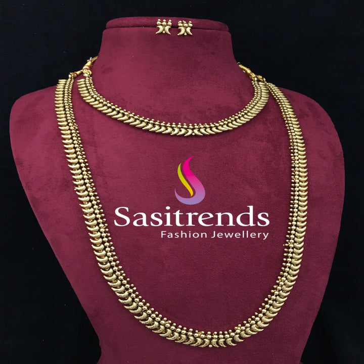 New Antique Gold Traditional Wear Long and Short Necklace Combo with Earrings for Women - Latest Design | Sasitrends