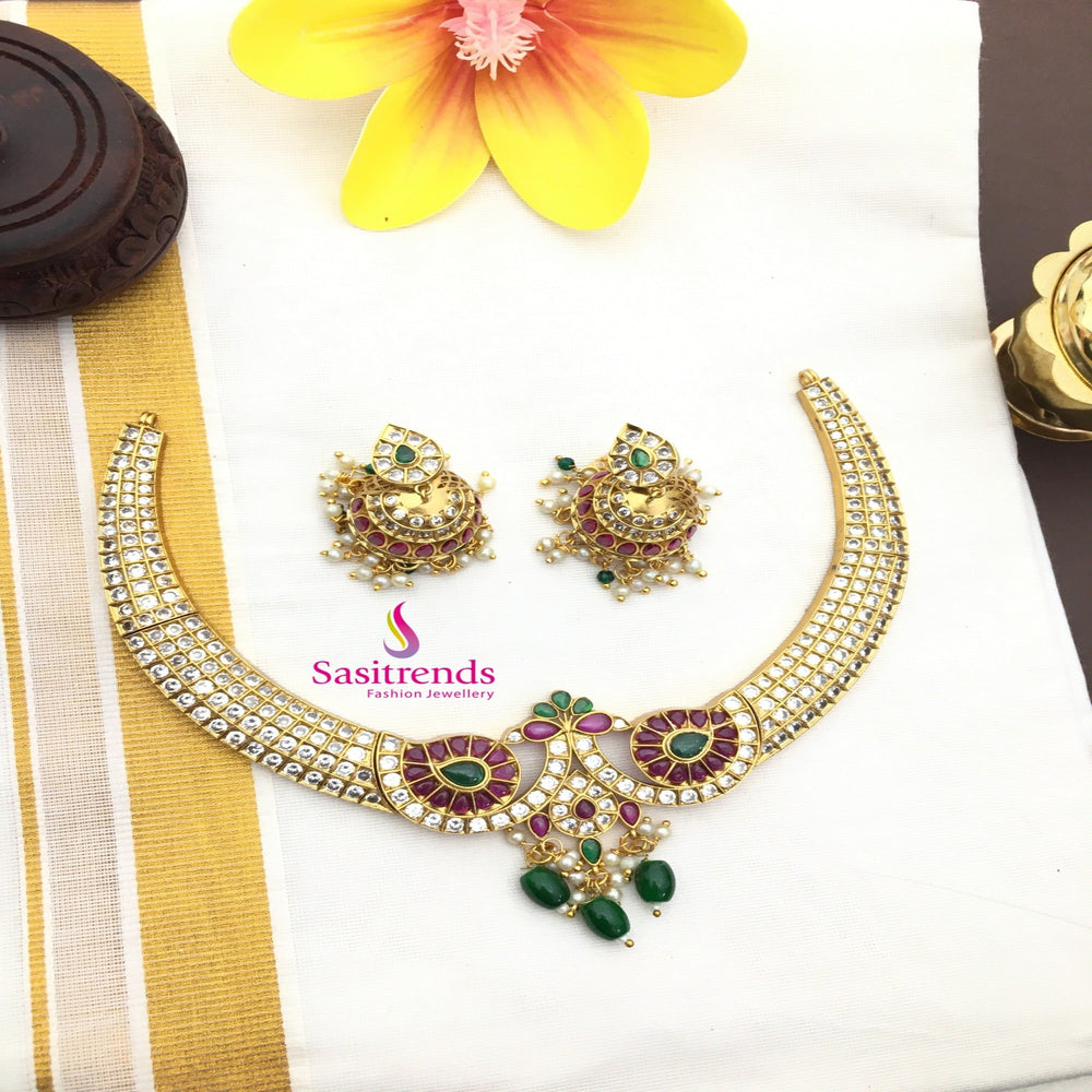 Latest Traditional Matte Gold Plated Floral American Diamond Necklace Set with Multi-Colored Stones