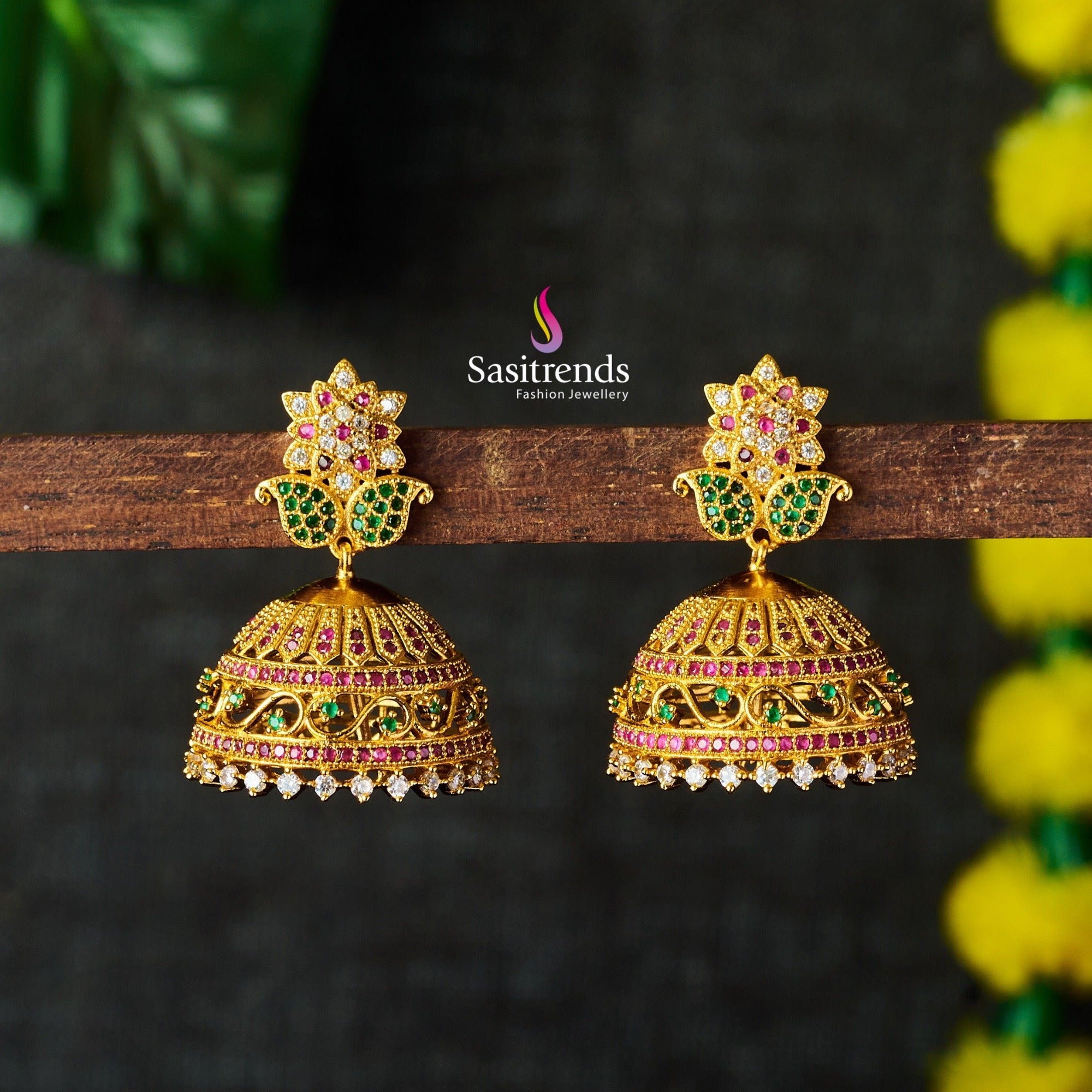 Exquisite AD Ruby-Emerald Leaf Jhumka Earring: A Symbol of Timeless Beauty