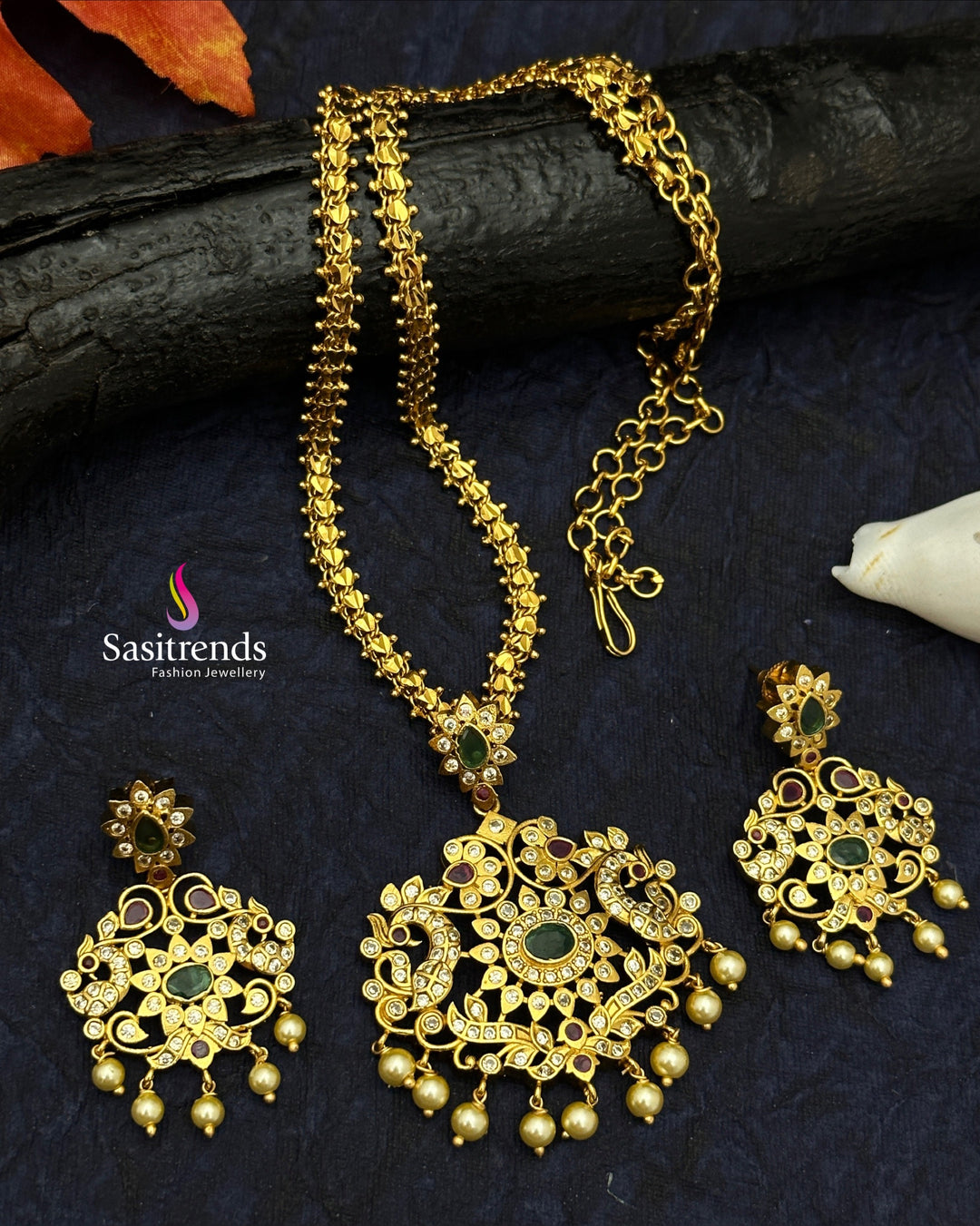 Trendy Matte Gold Plated Floral Peacock Necklace Set with AD Stones and Pearls