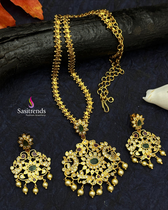 Trendy Temple Matte Gold Plated Floral Peacock Pendant American Diamond Long Jewellery Set for Women | Sasitrends